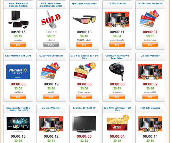 Screen shot of homepage of Quibids.com Penny Auction