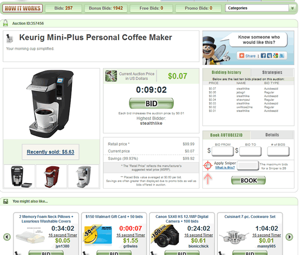 Beezid auction screenshot. You can see the bid history, where to manually bid and where to book an auto bidder.